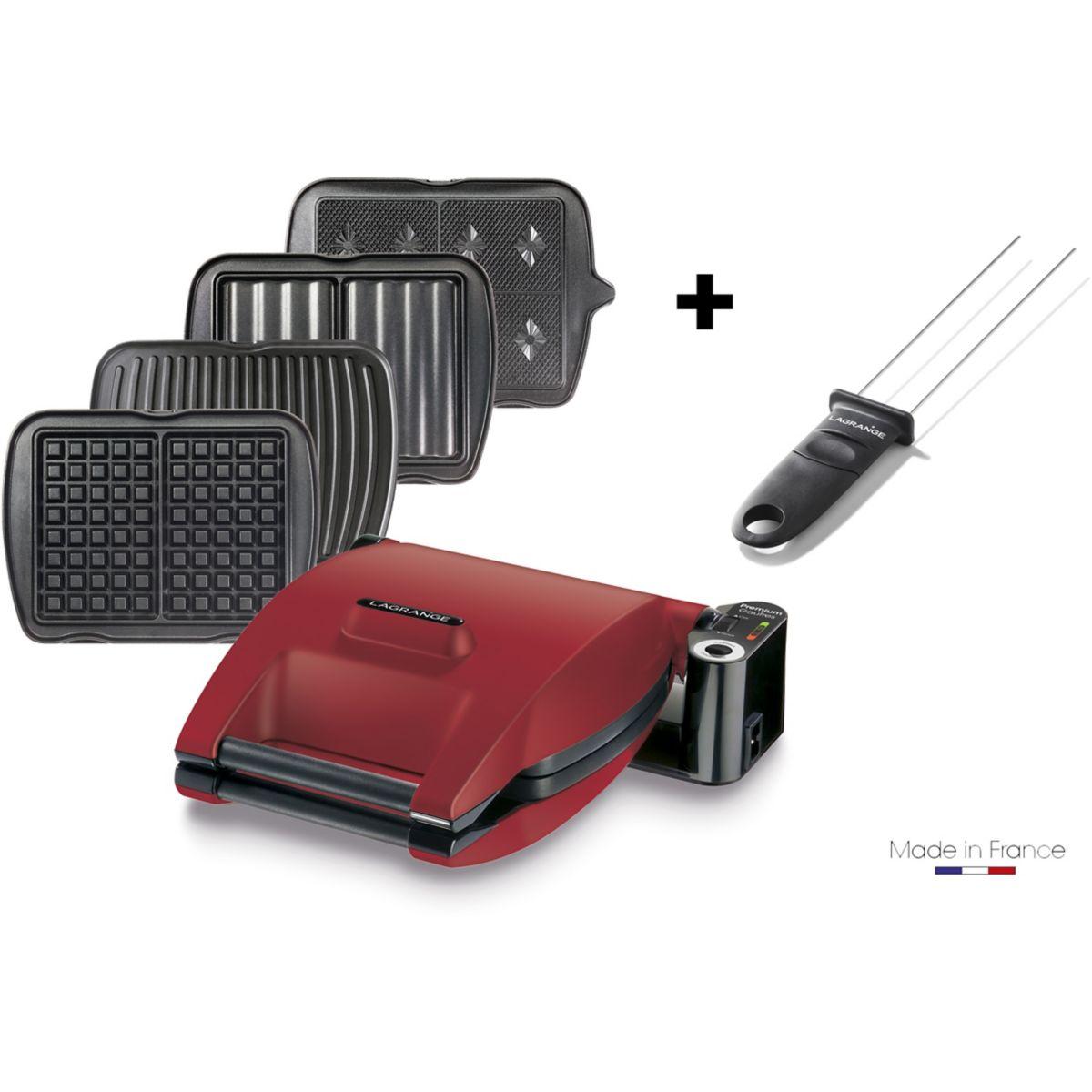 Croque, gaufre, gaufrette, gril LAGRANGE Premium 4 plaques rouge mat + pic inclus