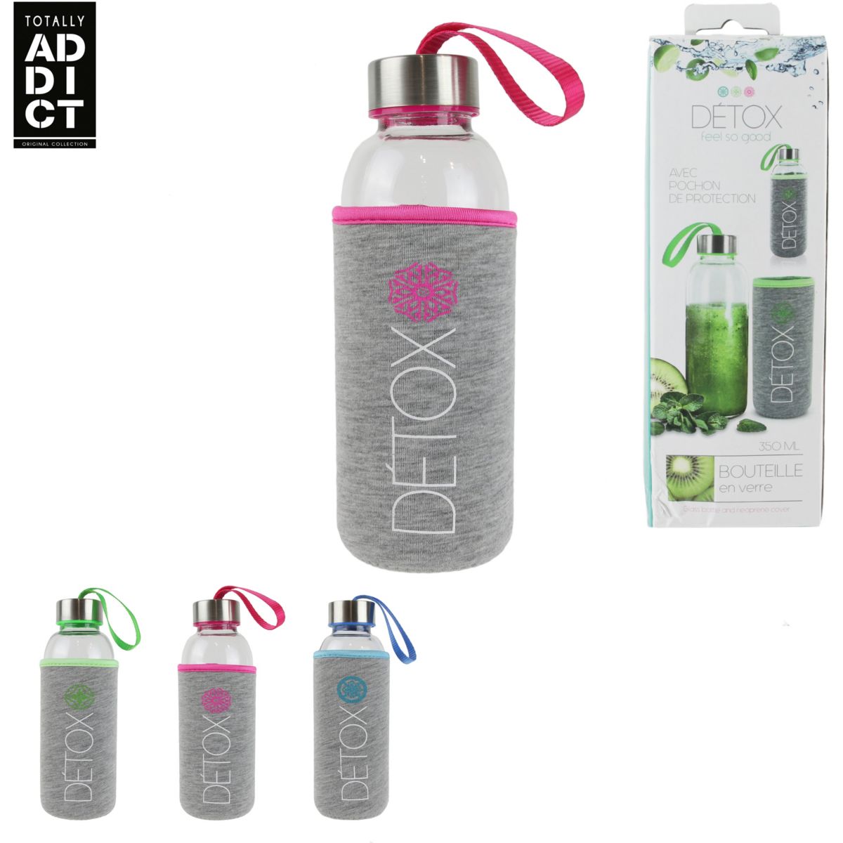 Bouteille TOTALLY ADDICT verre detox 350ml et pochon néoprène