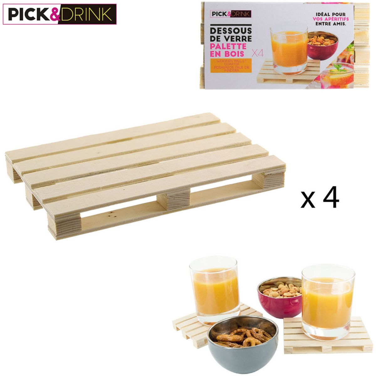 Sous-verre PICK AND DRINK Palette en bois lot de 4