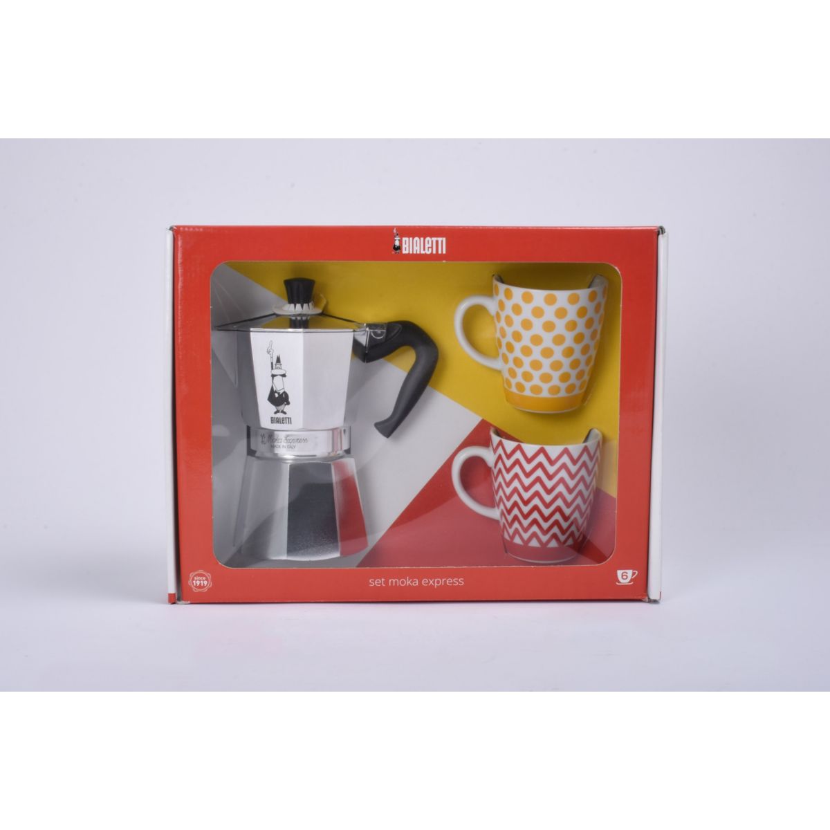Cafetière italienne BIALETTI MOKA 6 TASSES + 2 MUG JAUNE / ROUGE