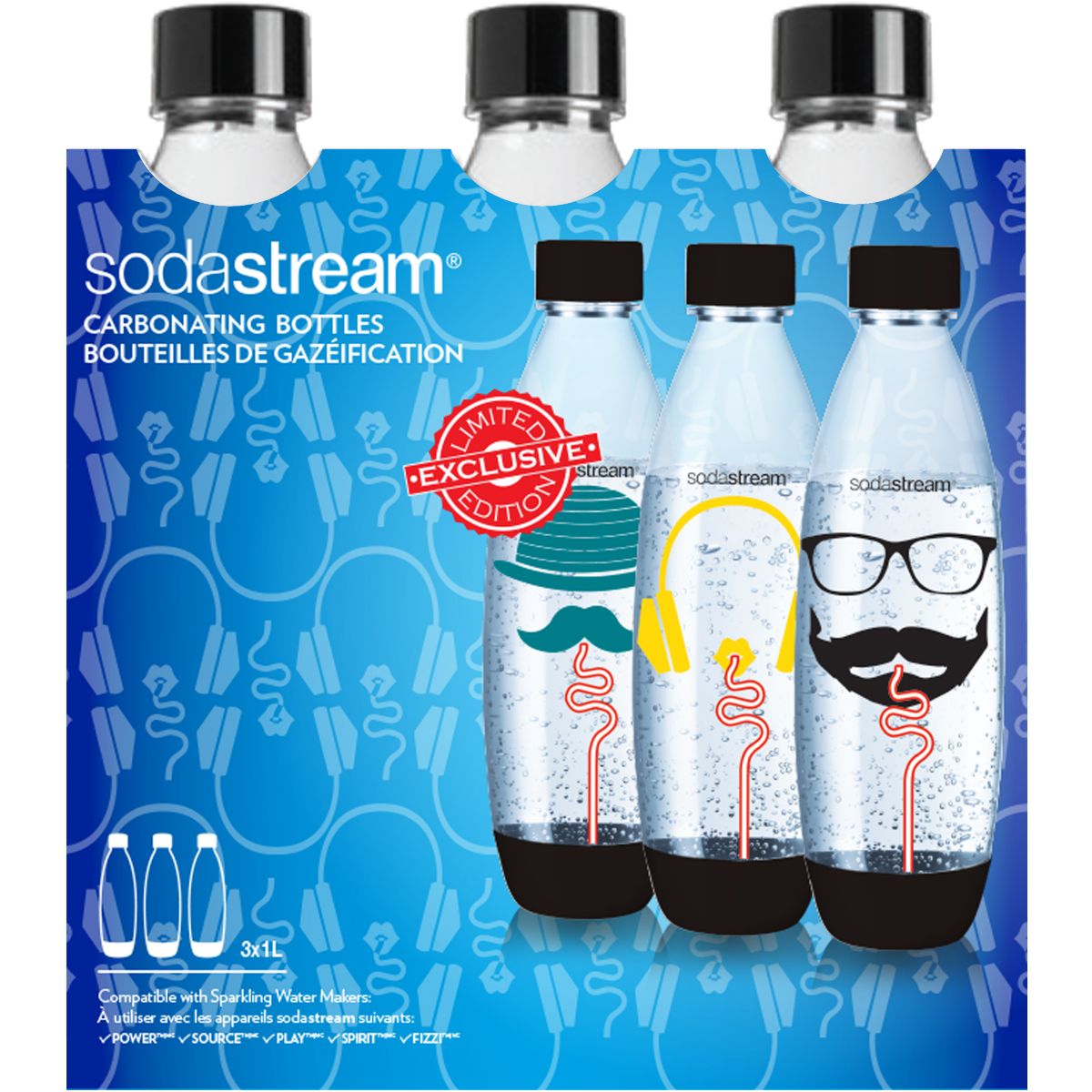 Pack bouteille et cylindre SODASTREAM Pack 3 bouteilles collection Hipster 1L
